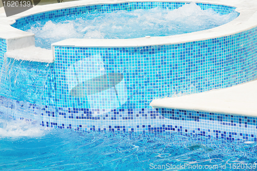 Image of Empty Swimming pool with waterfall jet and jacuzzi in action 