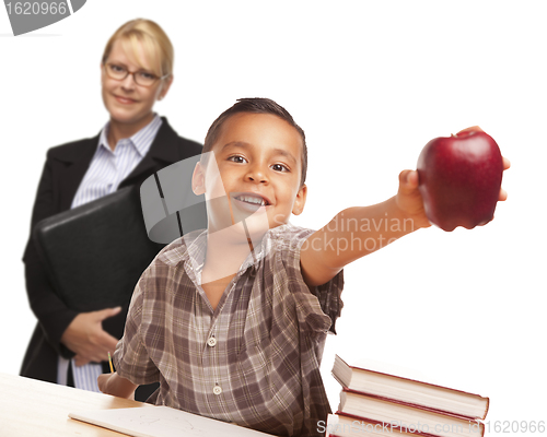 Image of Hispanic Student Boy with Apple and Female Adult Behind.