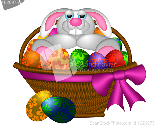 Image of Cute Easter Bunny Rabbit Laying in Egg Basket Illustration