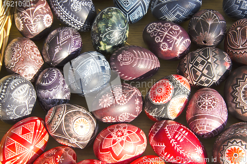 Image of Easter eggs painted on table sold at market fair 