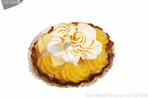 Image of lemon tart with whipped cream on a white background