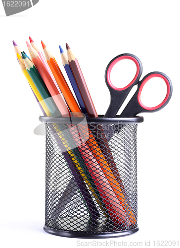 Image of Pencils and scissors in the container