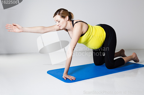 Image of Pregnant woman exercising on mat