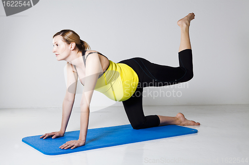 Image of Pregnant woman exercising on mat