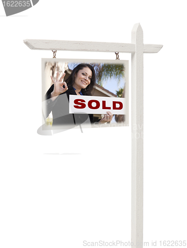 Image of Real Estate Sign with Female Agent and Sold Sign