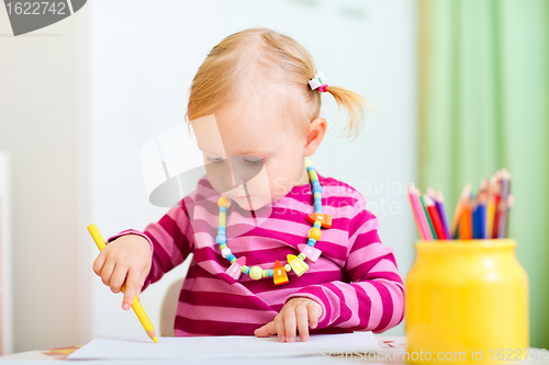 Image of Toddler girl coloring with pencils