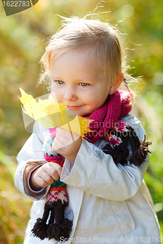 Image of Toddler girl with yellow leave