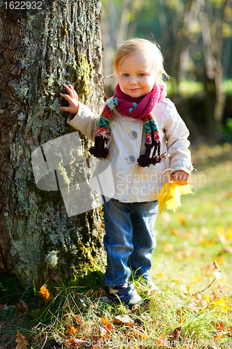 Image of Toddler girl standing near tree