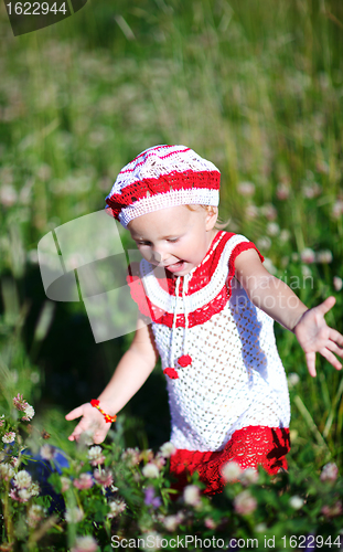 Image of Cheerful toddler girl in meadow