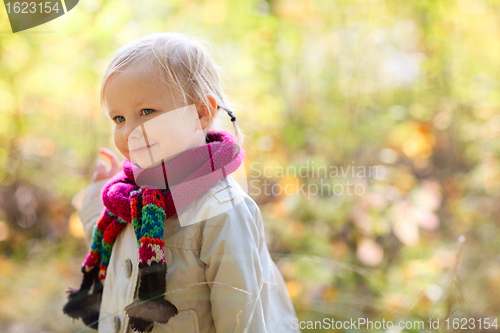 Image of Toddler girl outdoors at autumn day