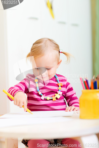 Image of Toddler girl drawing with pencils