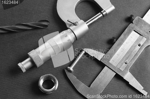 Image of Details, drills and measuring tools, a close up