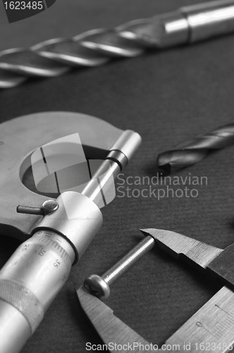 Image of Details, drills and measuring tools, a close up