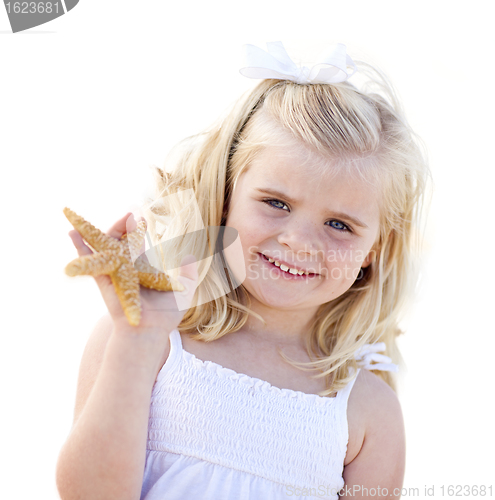 Image of Adorable Little Blonde Girl with Starfish Isolated