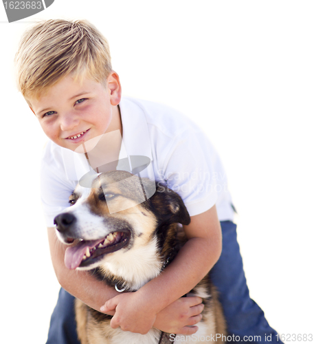 Image of Handsome Young Boy Playing with His Dog Isolated