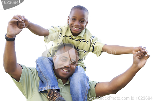 Image of African American Son Rides Dad's Shoulders Isolated