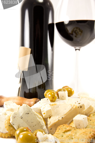 Image of Red wine with crackers and cheese