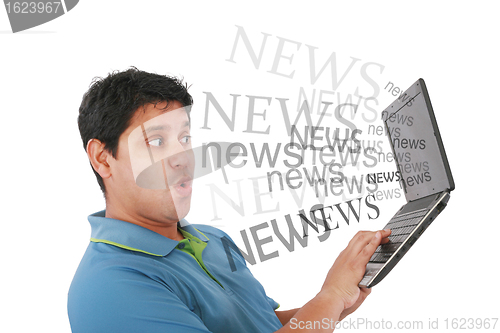 Image of Man in laptop with the word news coming out of the screen 