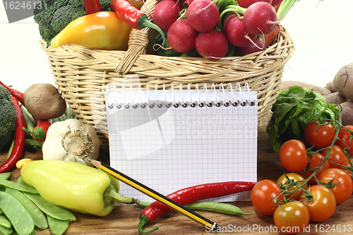 Image of Purchasing paper with pencil and vegetables