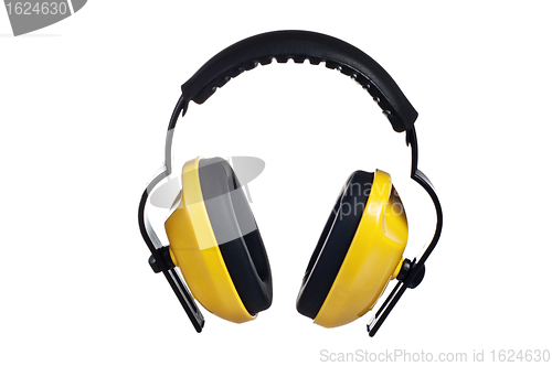 Image of Yellow working protective headphones, it is isolated on white