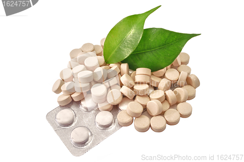 Image of Pills Bio tablets Medicine with green leaf