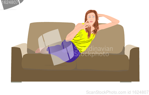 Image of Woman taking rest on sofa