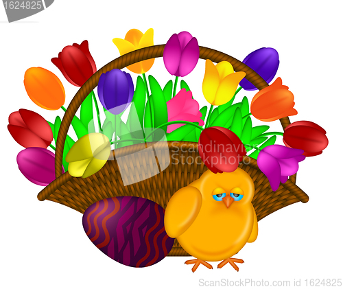 Image of Basket of Colorful Tulips Flowers with Chick Illustration