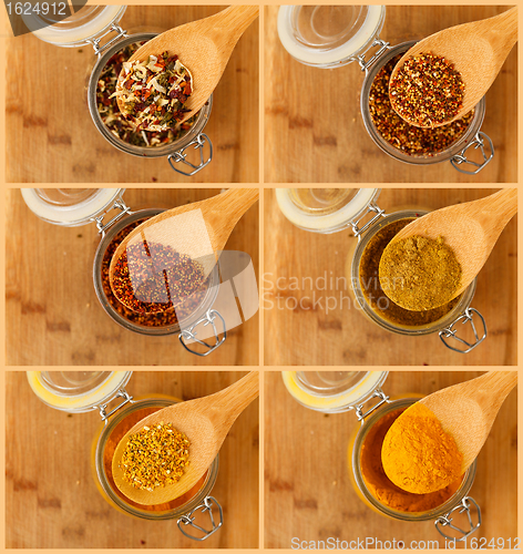 Image of collage of mixture spice in a wooden spoon