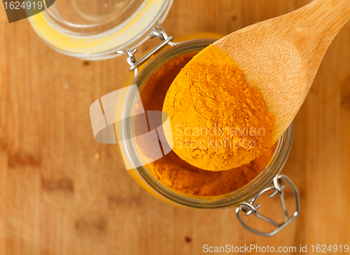 Image of spice saffron in a wooden spoon