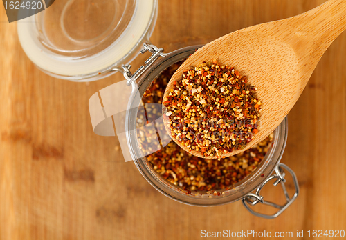 Image of mixture spice in a wooden spoon