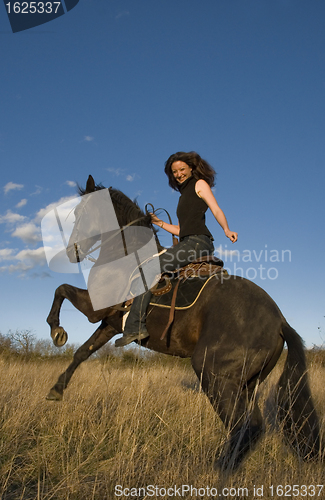 Image of rearing stallion and girl