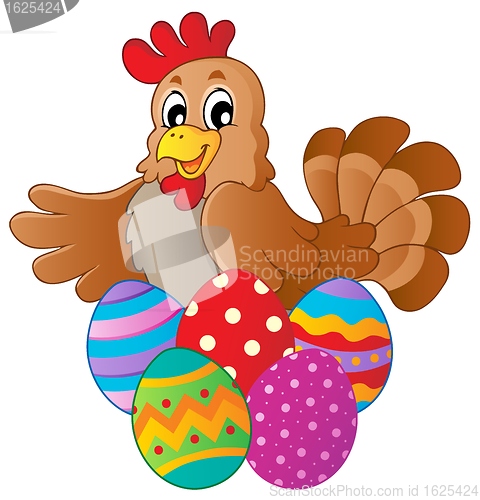 Image of Hen with various Easter eggs