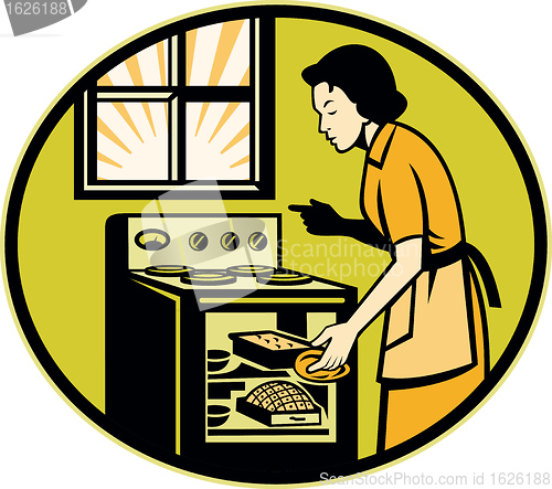 Image of Housewife Baking Bread Pastry Dish Oven Retro