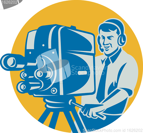 Image of Film  Crew TV Cameraman With Movie Camera Retro