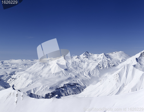 Image of Panorama of snowy mountains. Caucasus Mountains, Georgia.