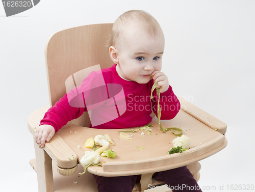 Image of young child eating in high chair