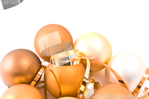 Image of christmas glass balls decorated with ribbons