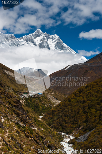 Image of Summits Lhotse and Lhotse shar. Village and stream