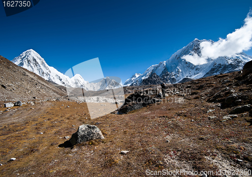 Image of Hiking in Himalayas: Pumori summit and mountains