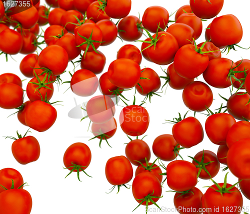 Image of Tasty red cherry tomatoes flow over white