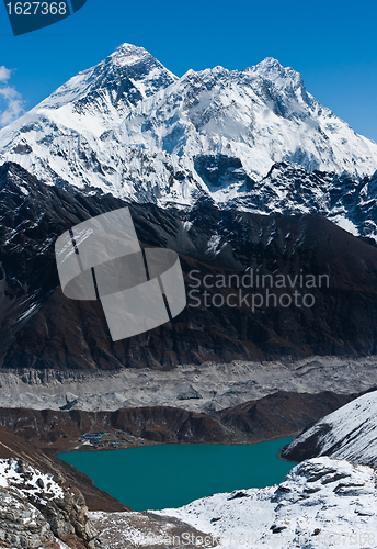 Image of Everest, Nuptse and Lhotse peaks. Gokyo lake and village