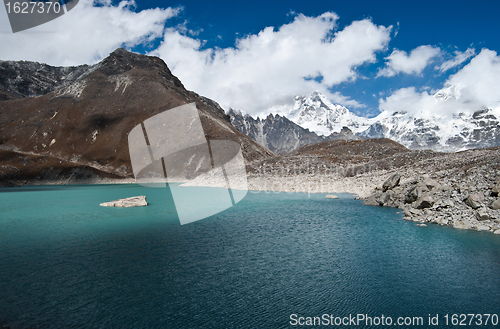 Image of Snowed Mountains and Sacred Lake near Gokyo