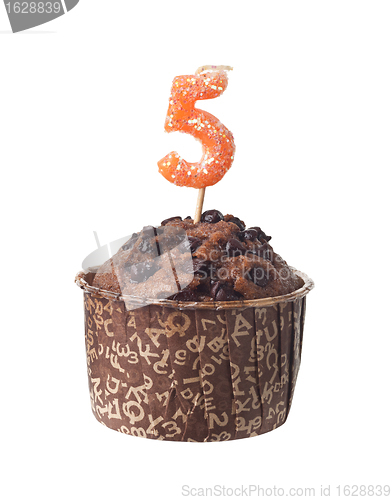 Image of Chocolate muffin with birthday candle for five year old