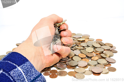 Image of coins in hand on white background