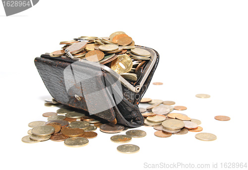 Image of coins in purse on white background