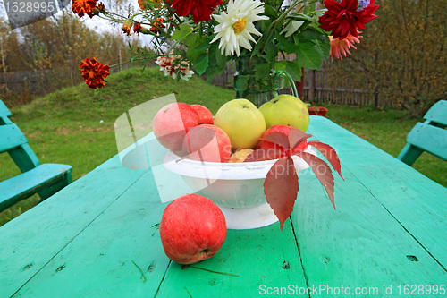 Image of autumn still life on green table