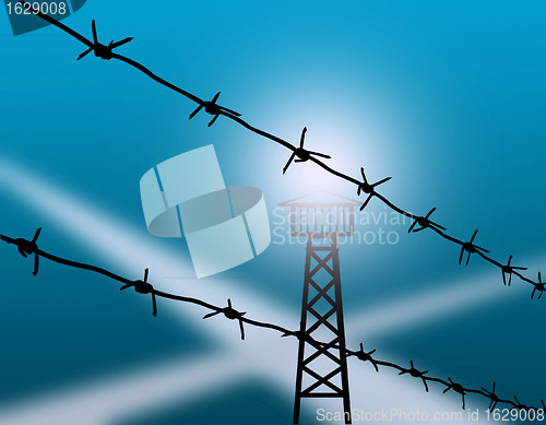 Image of barbed wire on turn blue background