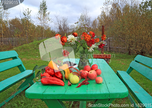 Image of autumn still life on green table