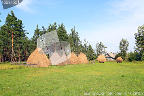 Image of stack hay on green field