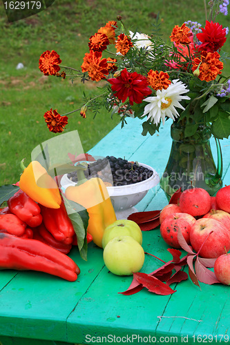 Image of autumn still life on green table